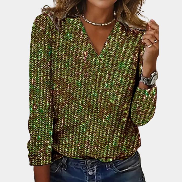Glamorous women's sequin V-neck top with shimmering glitter, ideal for party fashion. Dazzling eveningwear.