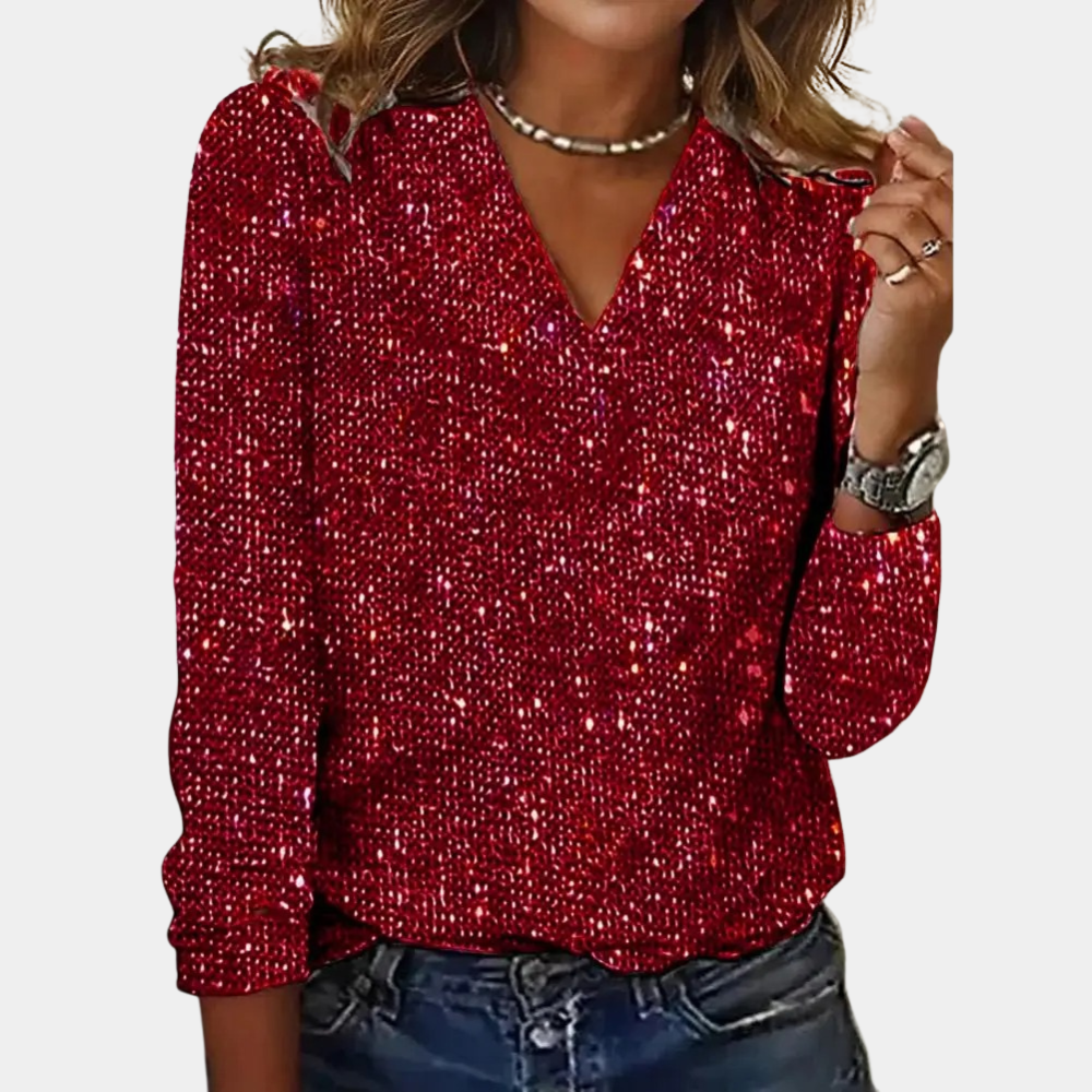 Stylish women's V-neck sequin glitter top, a dazzling partywear essential for glamorous evening fashion.