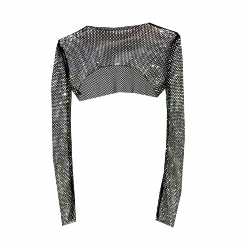 Chic women's shiny net party top, adding dazzling sparkle to evening style.