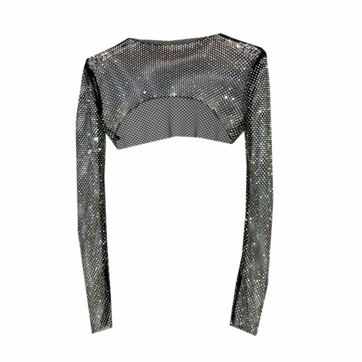 Chic women's shiny net party top, adding dazzling sparkle to evening style.