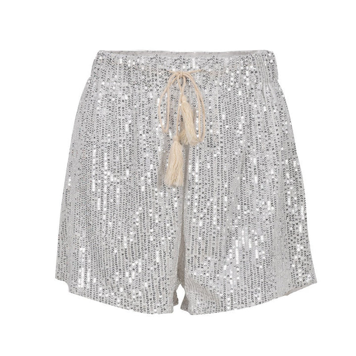 Women's dazzling silver sequin glam shorts for parties. Sparkling fashion statement evening wear.