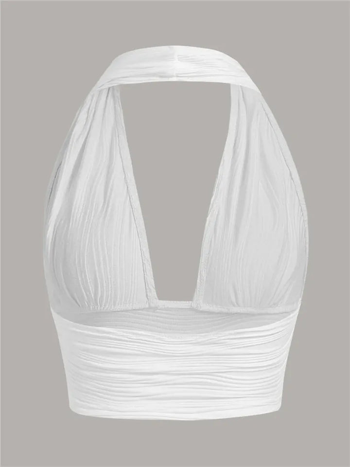 Stylish women's deep V-neck halter top, open back. Sleeveless solid color crop top, ideal for summer parties.