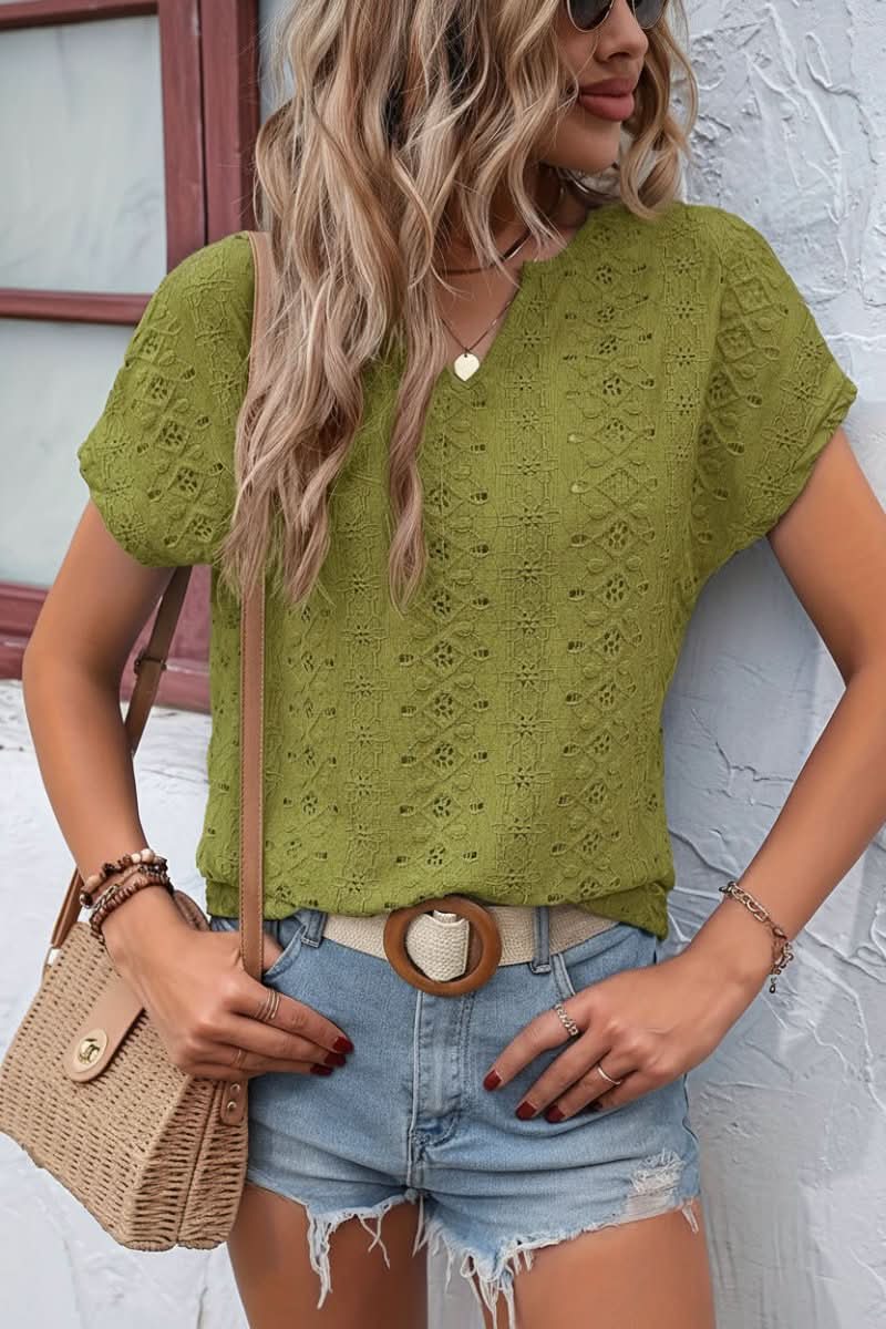 Elegant and comfortable women's eyelet t-shirt, short sleeve, with a flattering notched neck design.