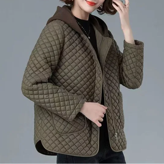 Lightweight women's diamond quilted jacket with a hood & side zip, ideal for spring & fall fashion.