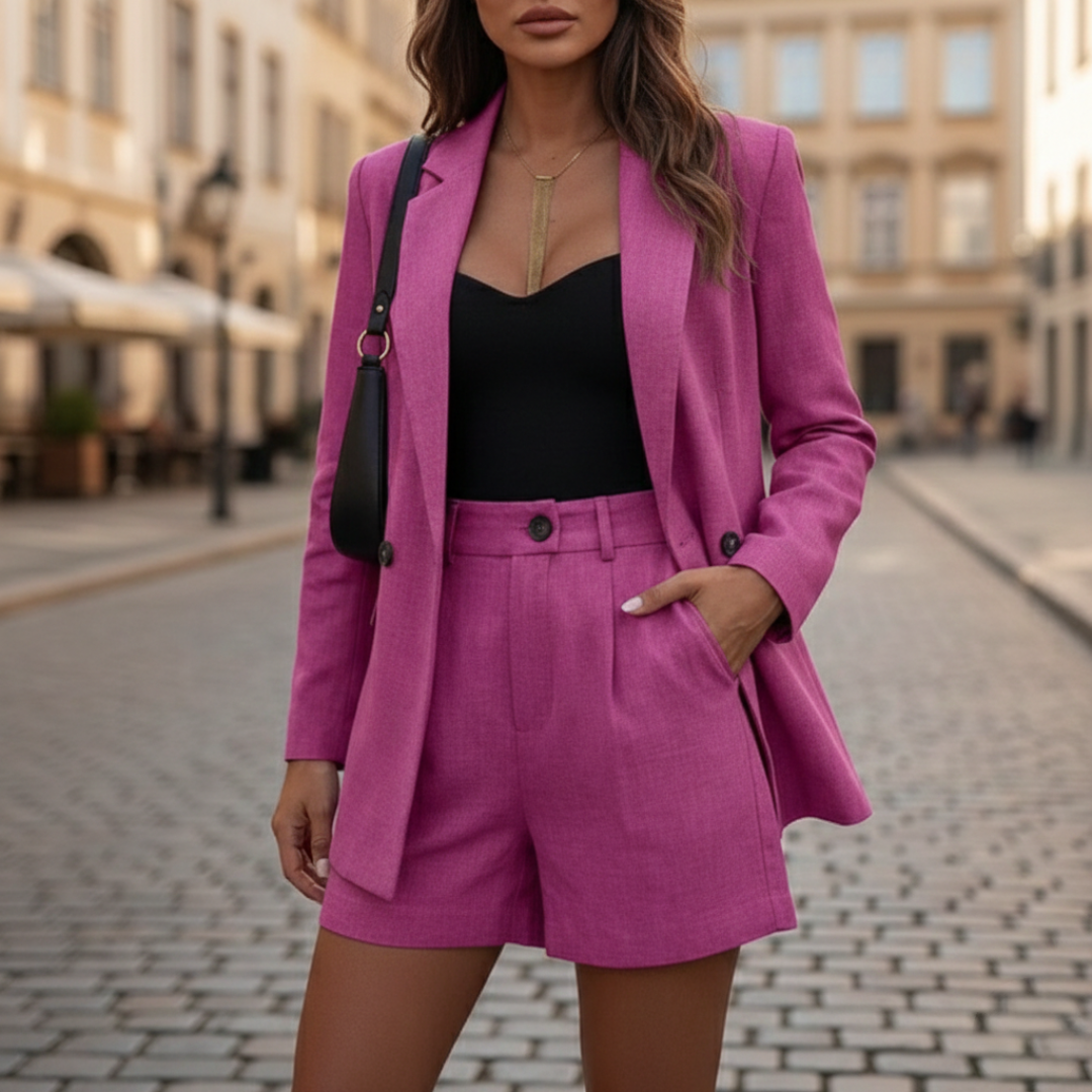 Confident women's tailored suit set: double breasted blazer & high-waist shorts for sophisticated summer fashion.