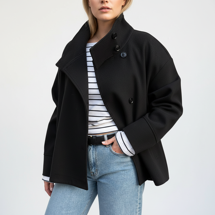 Classic women's double-breasted short coat, lined for extra warmth, ideal fall fashion outerwear