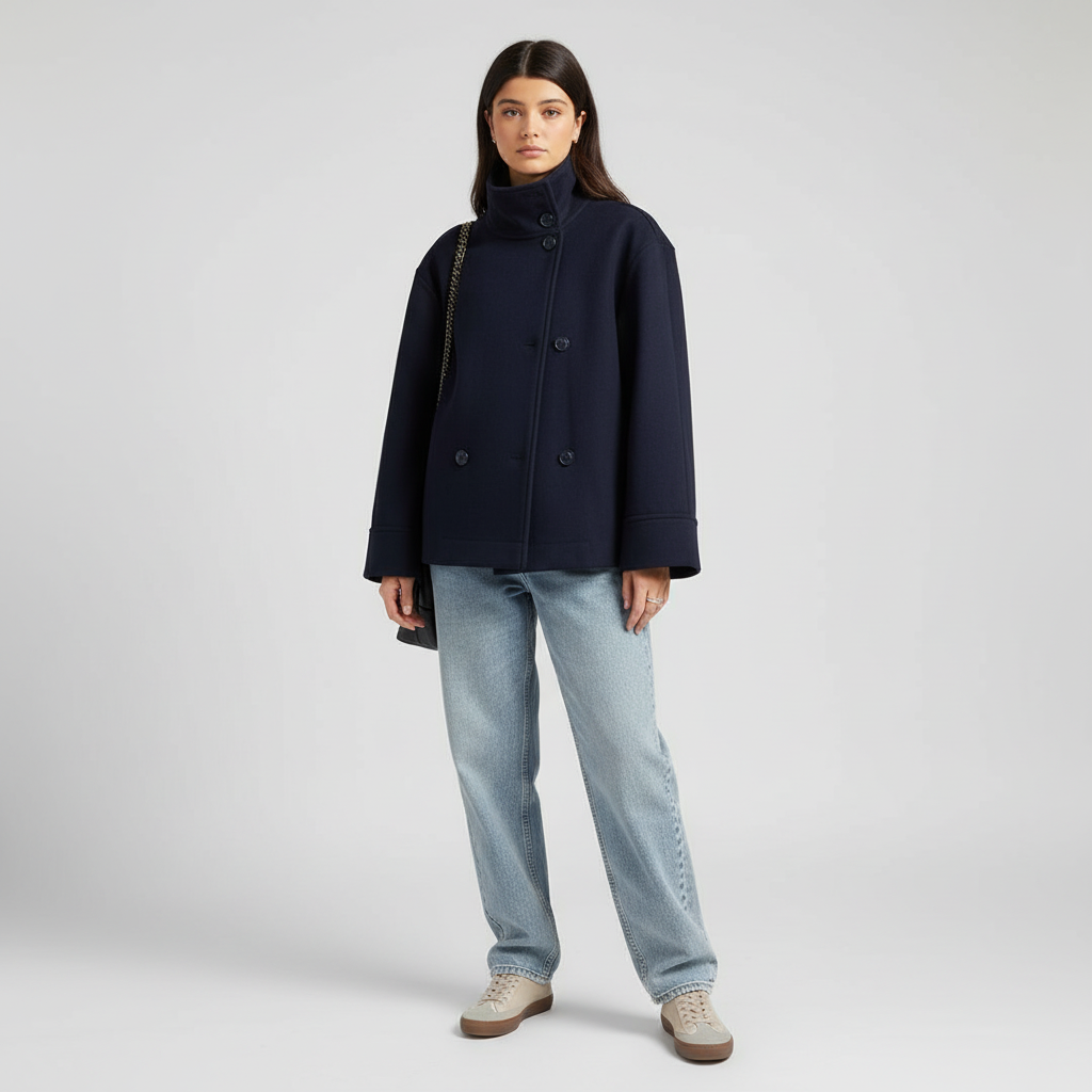 Warm women's lined jacket, double-breasted, Audrey style, suitable for winter and fall