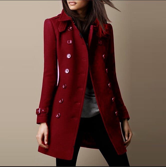 Women's double-breasted tailored long coat with structured collar. Perfect for formal winter fashion.