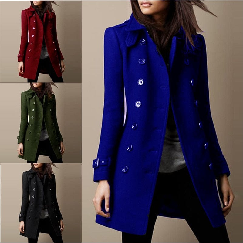 Elegant burgundy women's double-breasted tailored long coat. Ideal for autumn-winter cold weather.