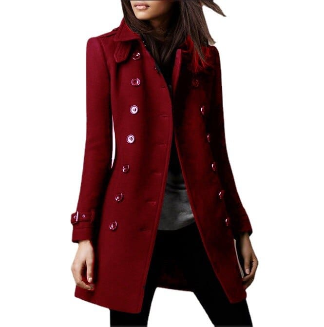 Black women's tailored double-breasted long coat with structured collar. Essential formal winter wear.