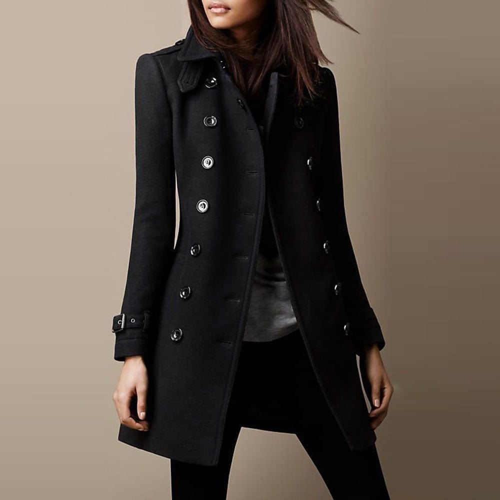Stylish blue women's double-breasted long tailored coat. Structured collar for sophisticated formal wear.