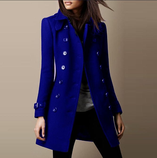 Olive green women's tailored double-breasted long coat. Warm, structured collar for autumn-winter fashion.