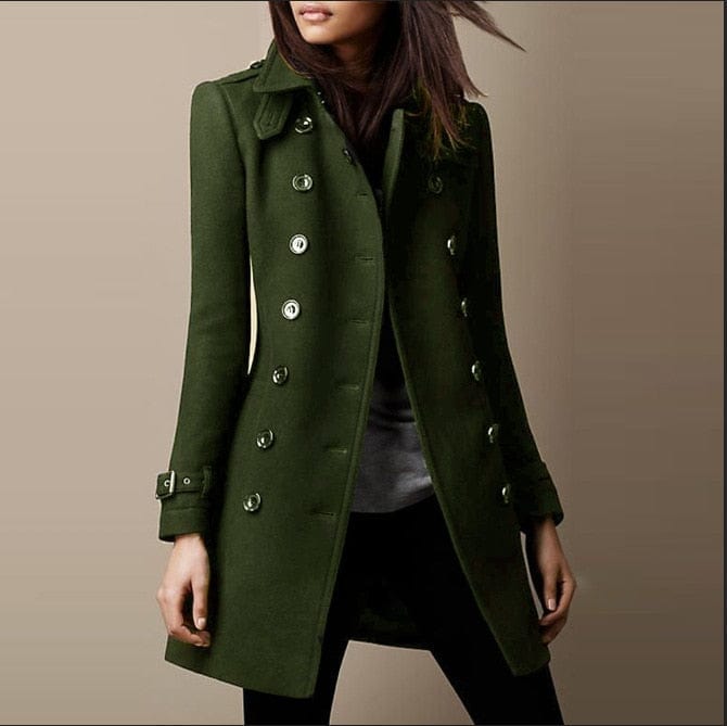 Classic women's double-breasted long coat. Tailored fit & structured collar for elegant winter fashion.