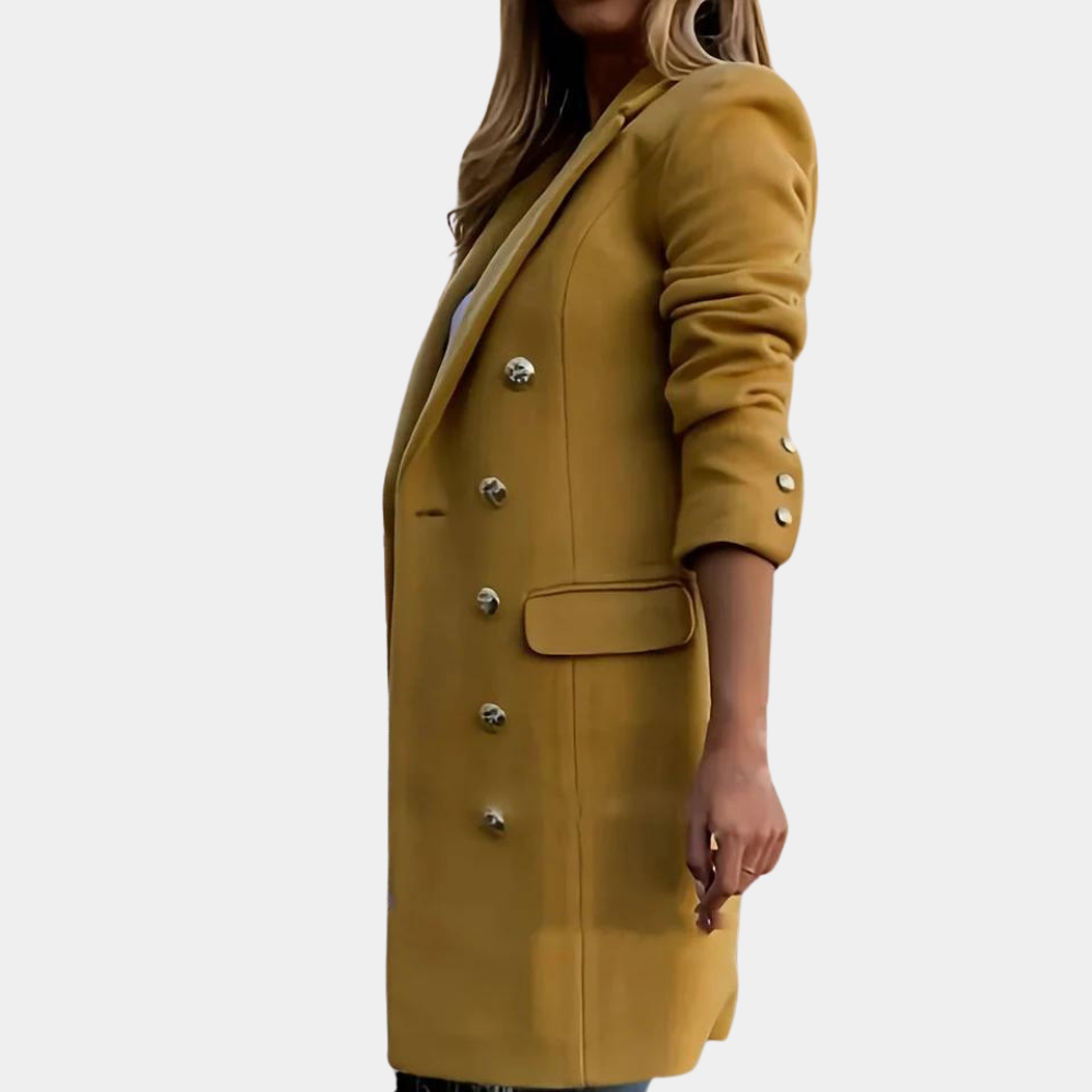 Stylish women's trench coat, double-breasted, perfect for professional workwear & versatile autumn fashion.