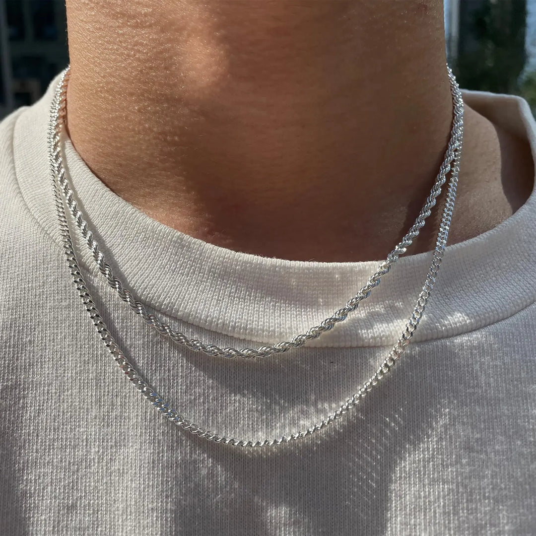 Elegant women's double chain necklace, genuine sterling silver. Versatile layered jewelry with curb & rope chains.