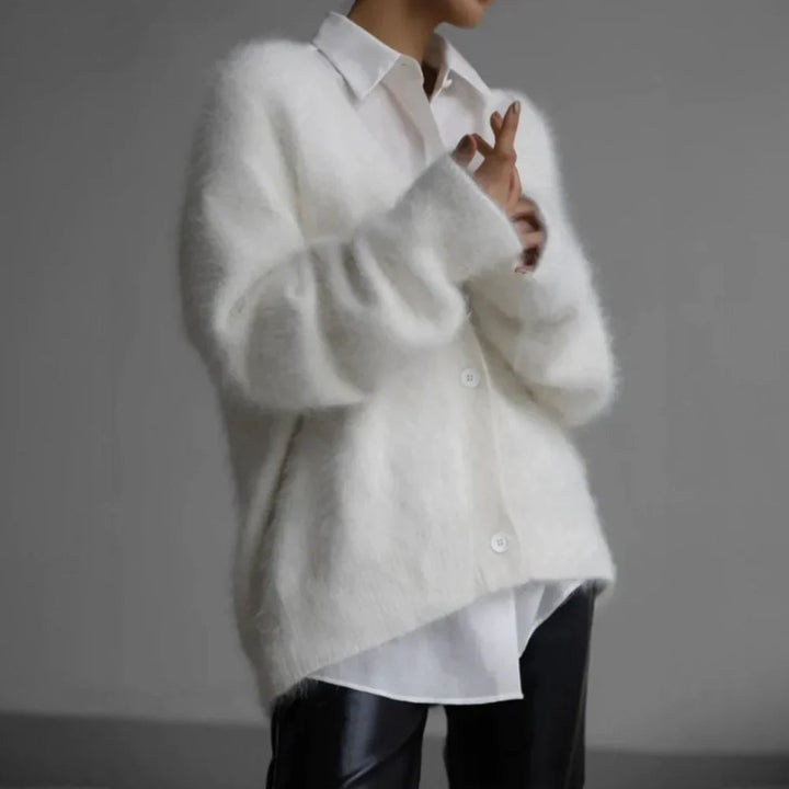 Effortless women's open front cardigan, elegantly draped for comfortable fall fashion & practical winter layering.