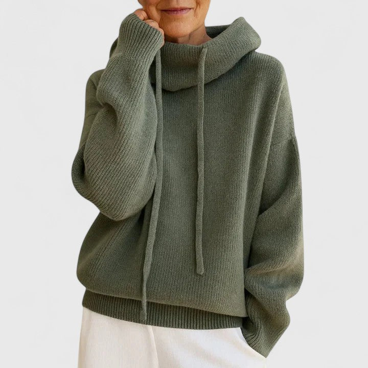 Women's drawstring cowl neck pullover sweater. Cozy knit, relaxed fit. Fall & winter fashion staple.