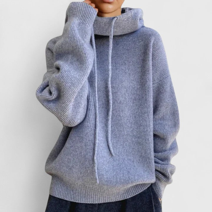 Cozy women's oversized sweater, a warm drawstring cowl neck pullover for ultimate comfort.