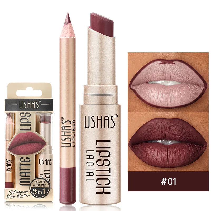 Women's dual-ended matte lipstick and lip liner, designed for long-lasting, waterproof, and smudge-proof wear.