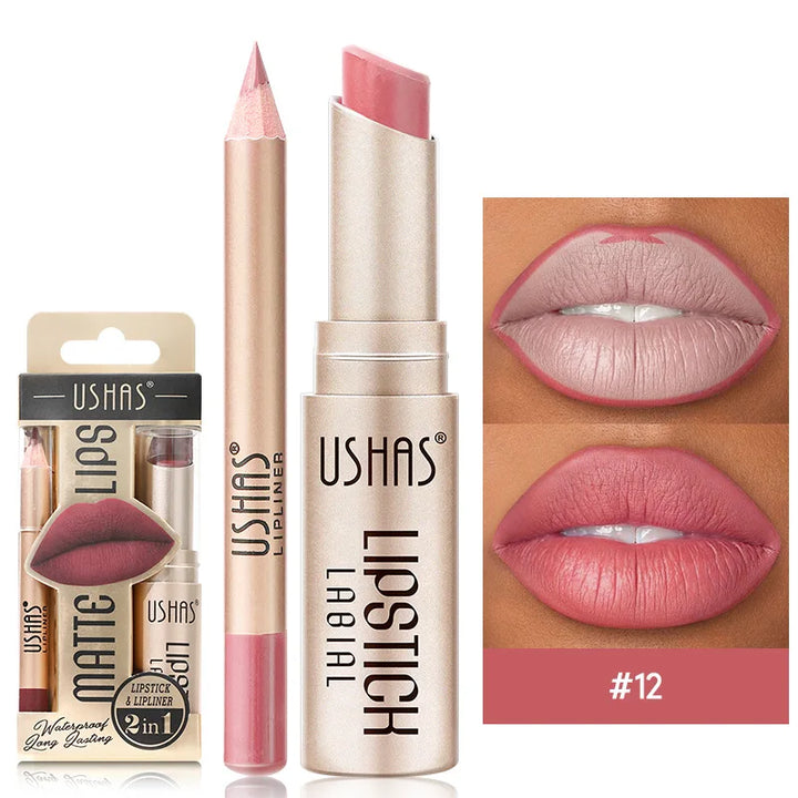 Achieve precise, defined lips with this dual-ended matte lipstick and lip liner, a beauty makeup must-have.