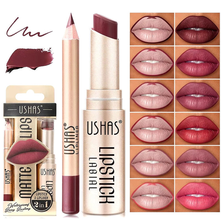 Waterproof & smudge-proof matte lipstick with matching lip liner, a beauty essential for women.