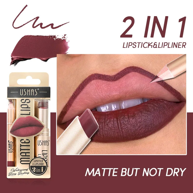 Long-lasting dual-ended lip product: creamy matte lipstick and precise lip liner for perfect pout.