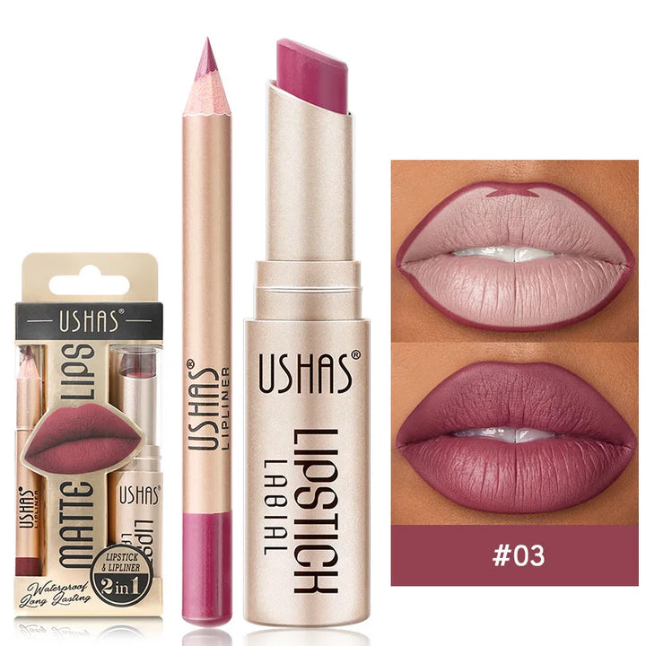 Achieve perfect matte lips with this dual-ended long-lasting lipstick and precise lip liner duo.