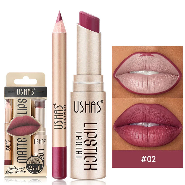 Convenient dual-ended lip makeup featuring a waterproof matte lipstick and smudge-proof lip liner.