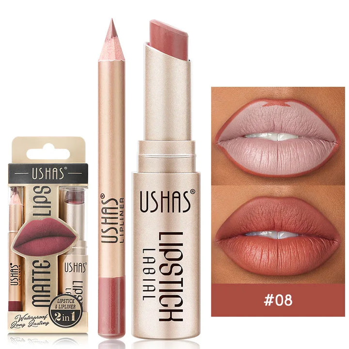 Flawless lip look with this dual-ended matte lipstick and coordinating lip liner, an essential beauty tool.