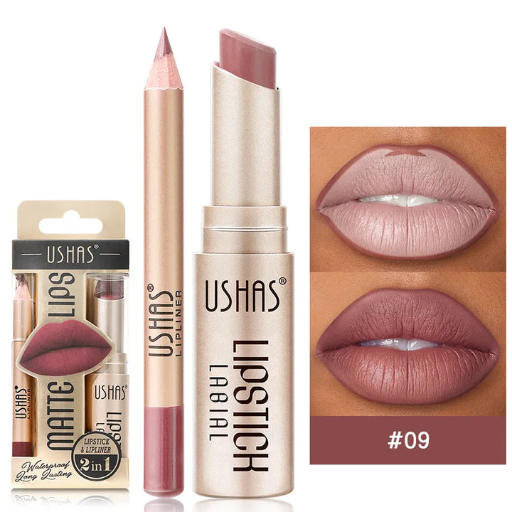 Get lasting beauty with our waterproof, smudge-proof matte lipstick and lip liner dual-ended cosmetic.