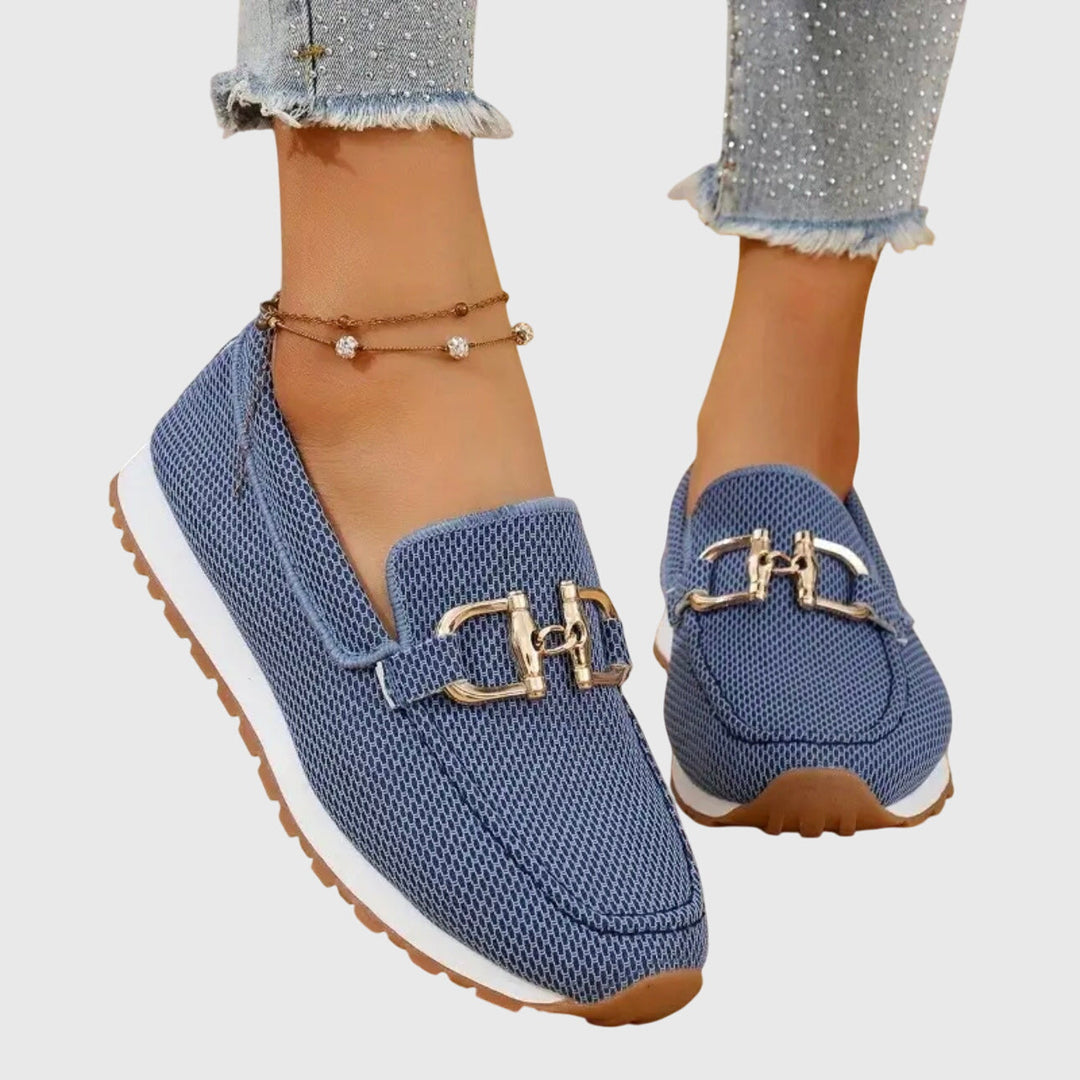 Women's dusty blue horsebit loafers. Comfortable slip-on shoes for everyday wear & preppy style.