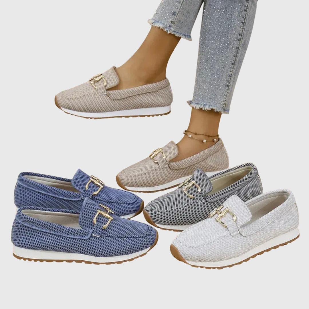 Versatile dusty blue ladies' horsebit loafers. Comfortable slip-on shoes for casual outings & preppy everyday wear.