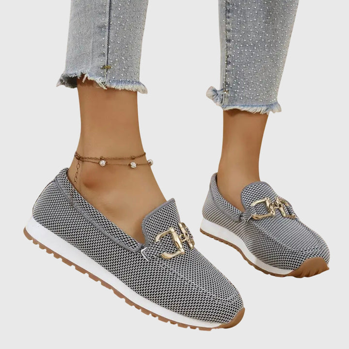 Everyday comfort: dusty blue women's horsebit loafers. Stylish slip-on shoes for casual & preppy fashion.