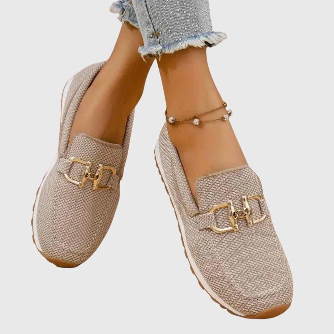 Stylish dusty blue horsebit loafers for women. Comfortable slip-on shoes, perfect for preppy & casual looks.