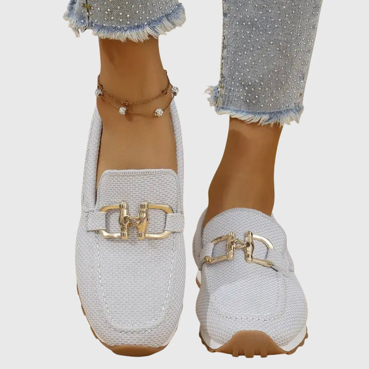 Women's dusty blue horsebit loafers, comfortable slip-on shoes. Perfect for everyday casual & preppy styles.