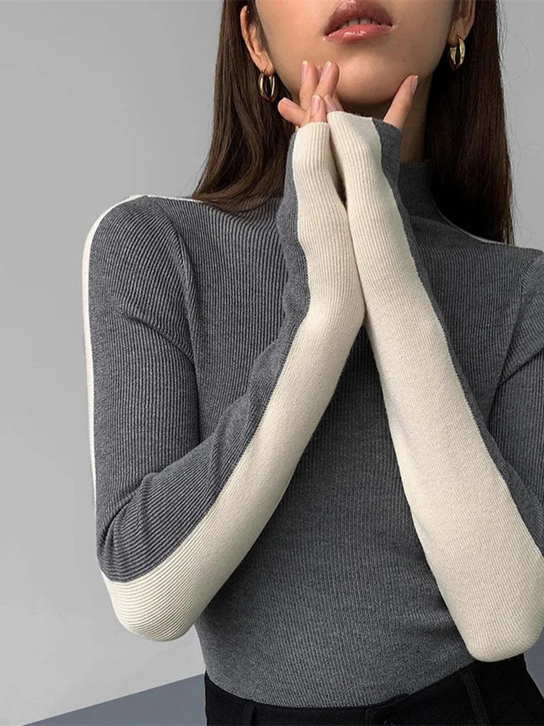 Close-up: Women's Eclipse contrast knit turtleneck, showing knit texture, long sleeve, slim fit.