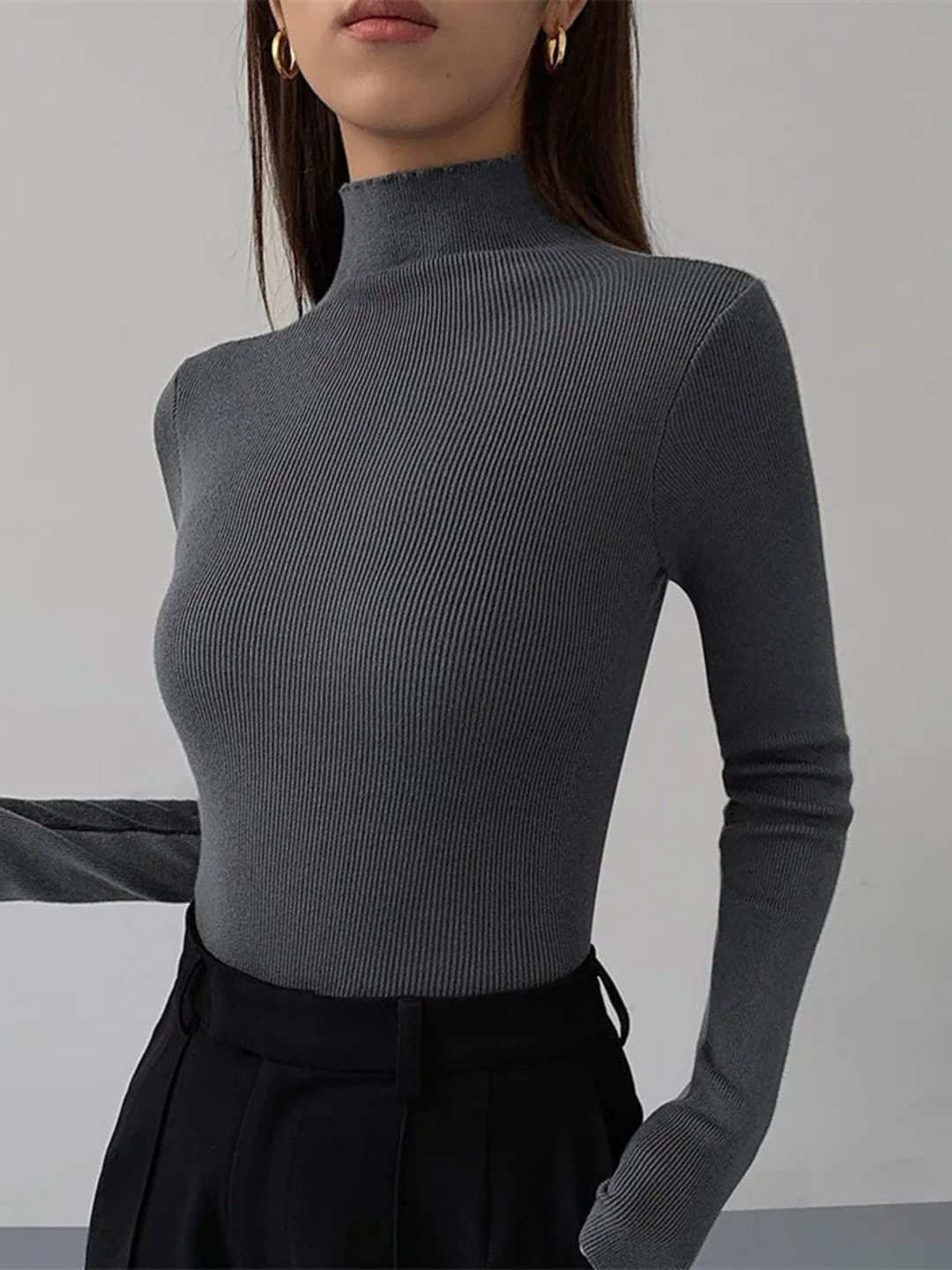 Full view: Elegant women's Eclipse contrast knit turtleneck. Fitted, long sleeve, stretch, ideal for modern wear.