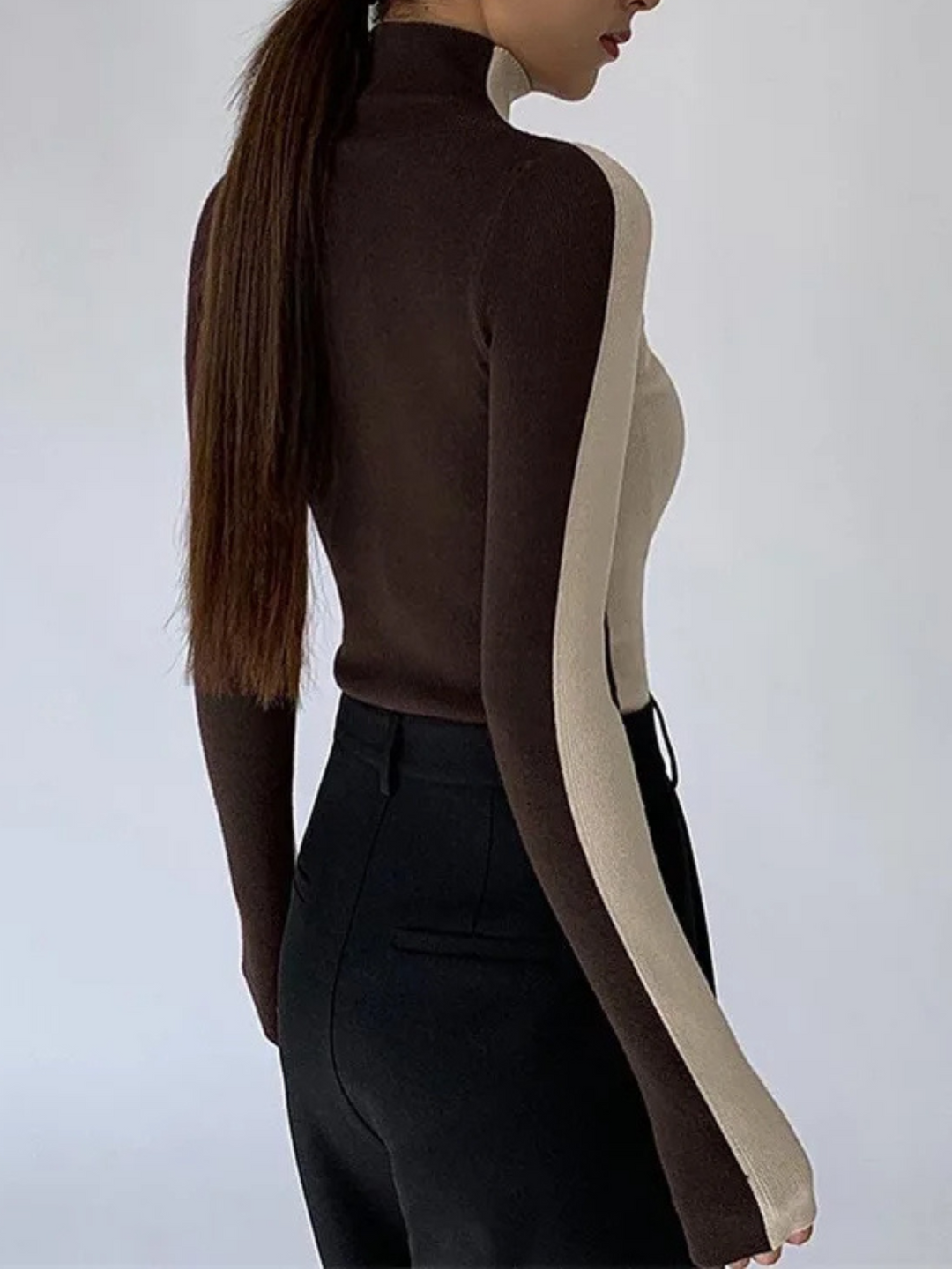 Women's fitted knit turtleneck. Eclipse design, contrast, long sleeve, stretch, elegant slim fit apparel.