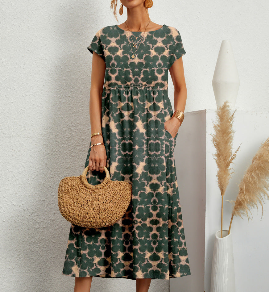 Women's Eden floral A-line midi dress with short sleeves, perfect for spring & summer casual wear.