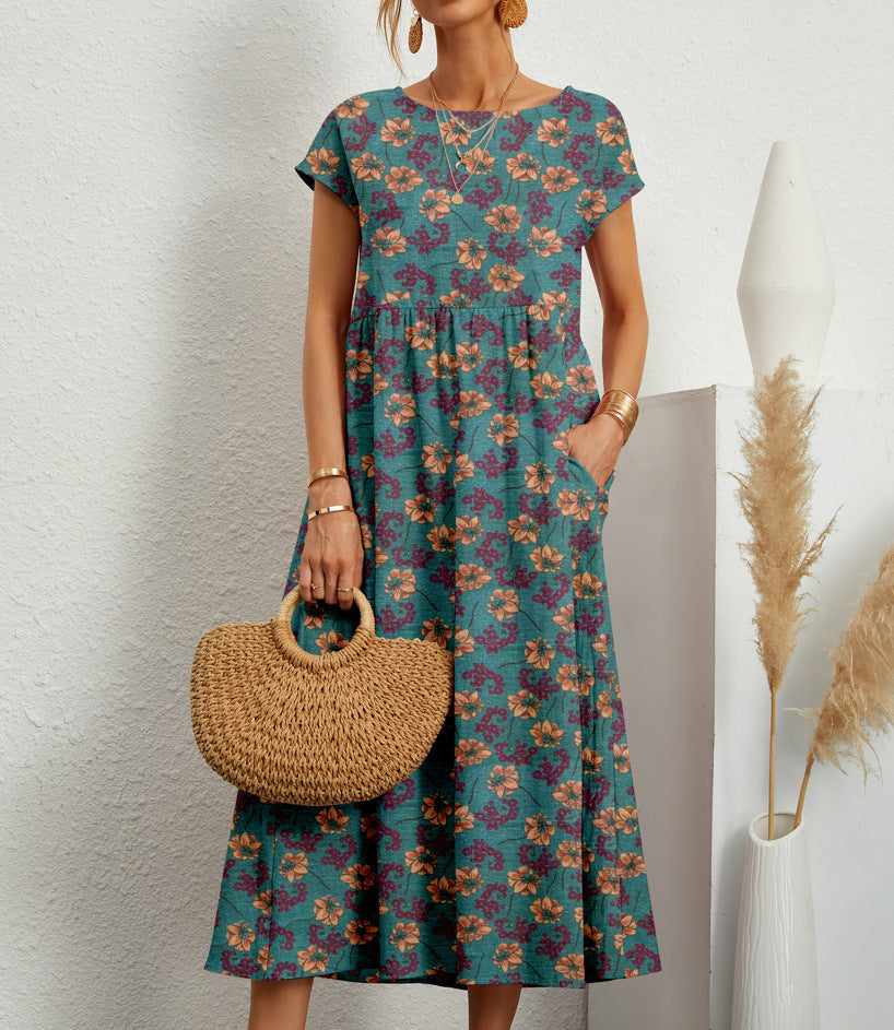 Stylish Eden floral A-line short-sleeve dress, ideal for everyday casual wear in spring and summer.