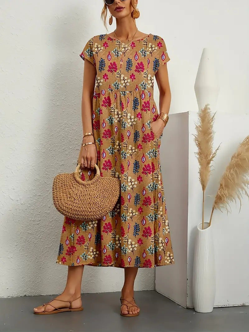 Elegant women's Eden floral midi dress featuring a flattering A-line cut, short sleeves, and vibrant print.