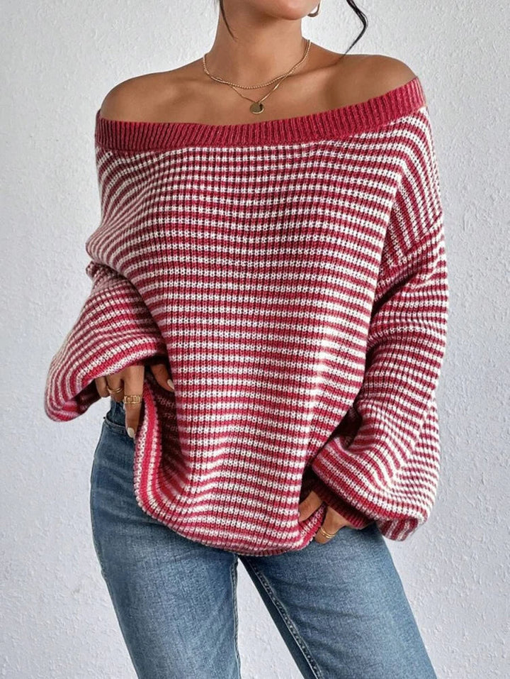Women's Eden striped pullover sweater with drop shoulder and lantern sleeves, perfect for cozy fall winter fashion.