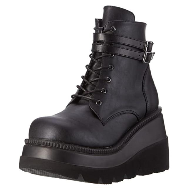 Versatile women's black platform ankle boots, ideal for an edgy, alternative, or gothic style statement.