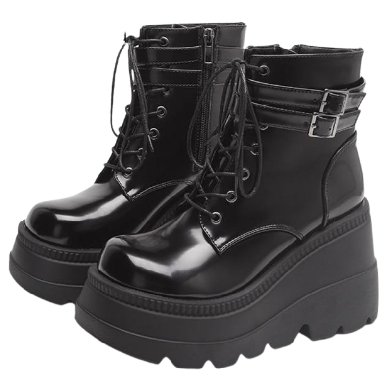 Edgy black platform ankle combat boots for women, featuring a chunky sole, perfect for alternative fashion.