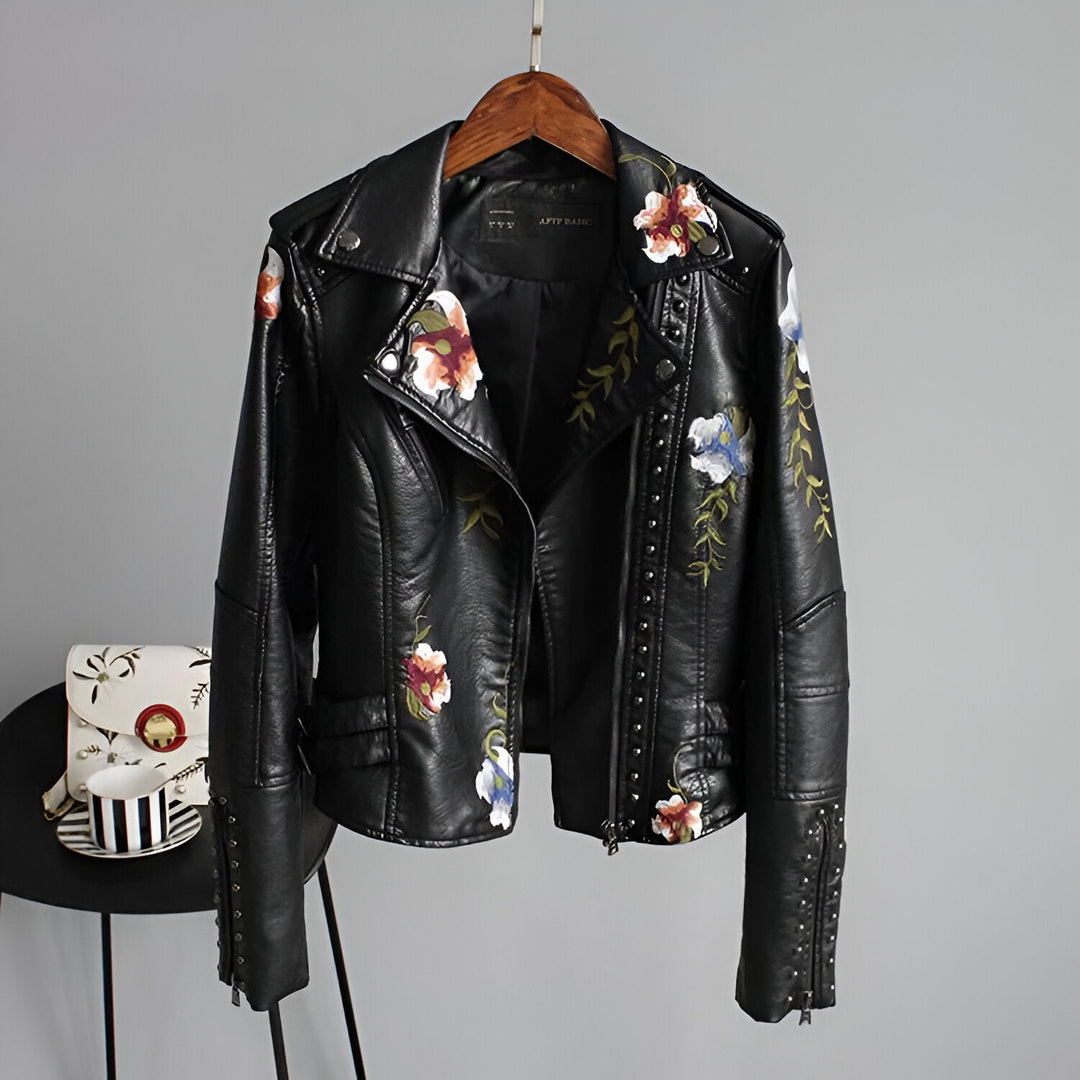 Women's edgy floral embroidered studded black jacket with asymmetrical zipper & notched collar.