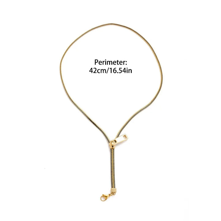 Bold women's zip chain statement necklace, available in shiny gold or silver metallic finishes.