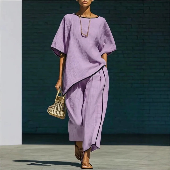 Elegant women's matching cropped pant and top set. Wide leg, comfortable fabric, ideal for travel & chic summer outfits.