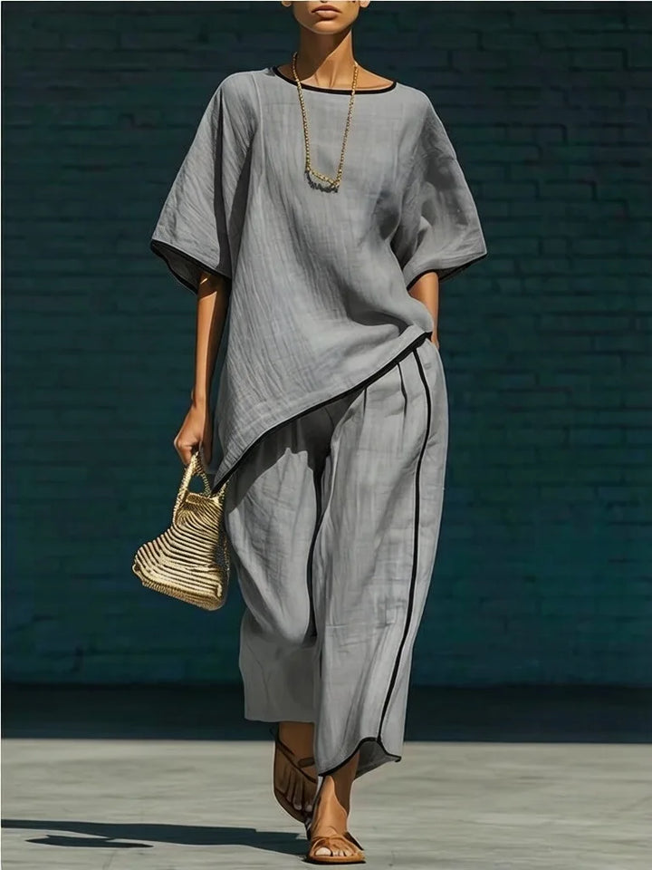 Effortless women's matching cropped pant and top set. A comfortable wide-leg two-piece outfit for spring and summer fashion.