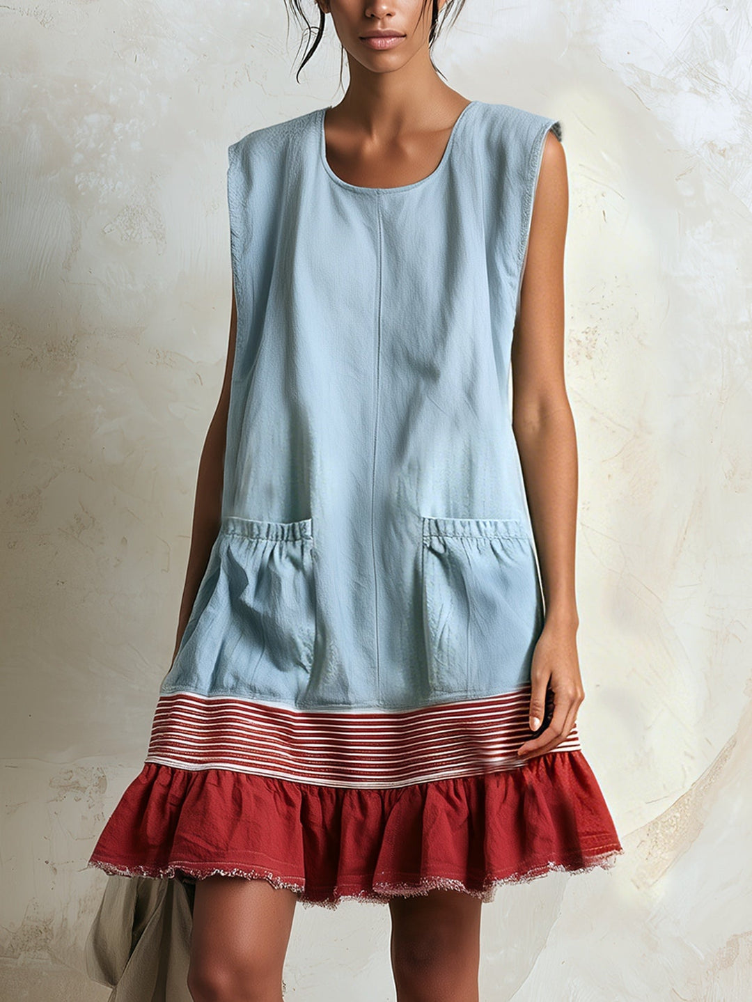 Women's effortless blue mini dress featuring ruffle tiered contrast hem. Perfect for summer casual or beachwear.