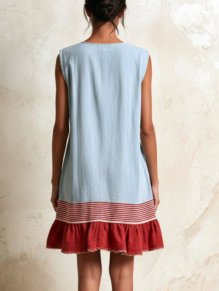 Flirty blue sleeveless mini dress with tiered ruffles & contrast trim. Ideal for summer, beach, or casual everyday wear.